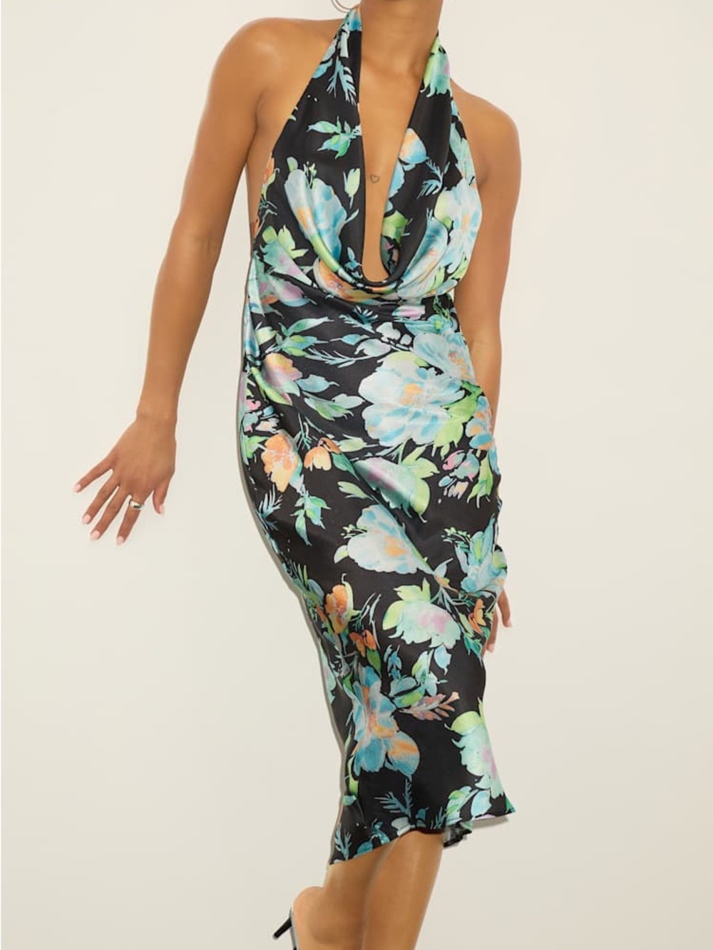 Lulus Nuliana Black Multi Floral Satin Backless Midi Dress size XL - Picture 5 of 13
